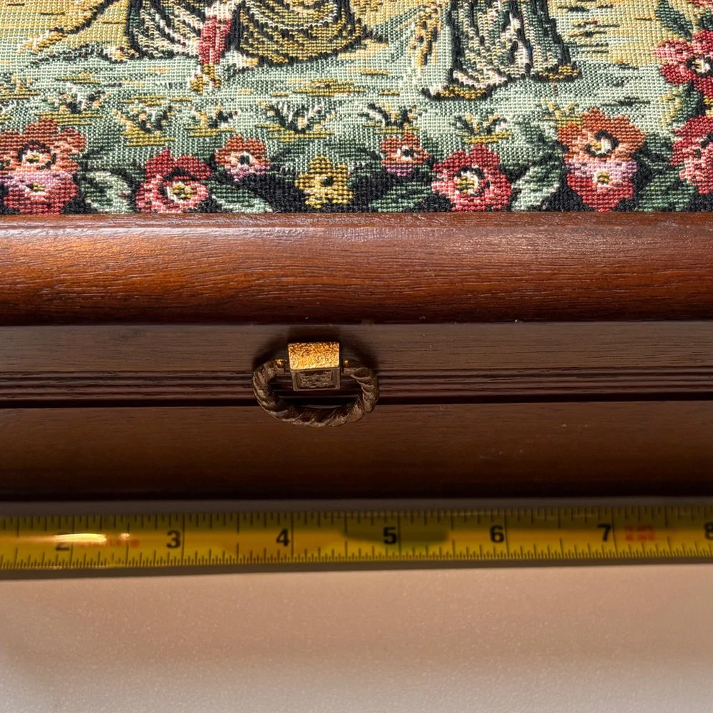 VINTAGE Wooden Jewelry Box with Tapestry Inlay